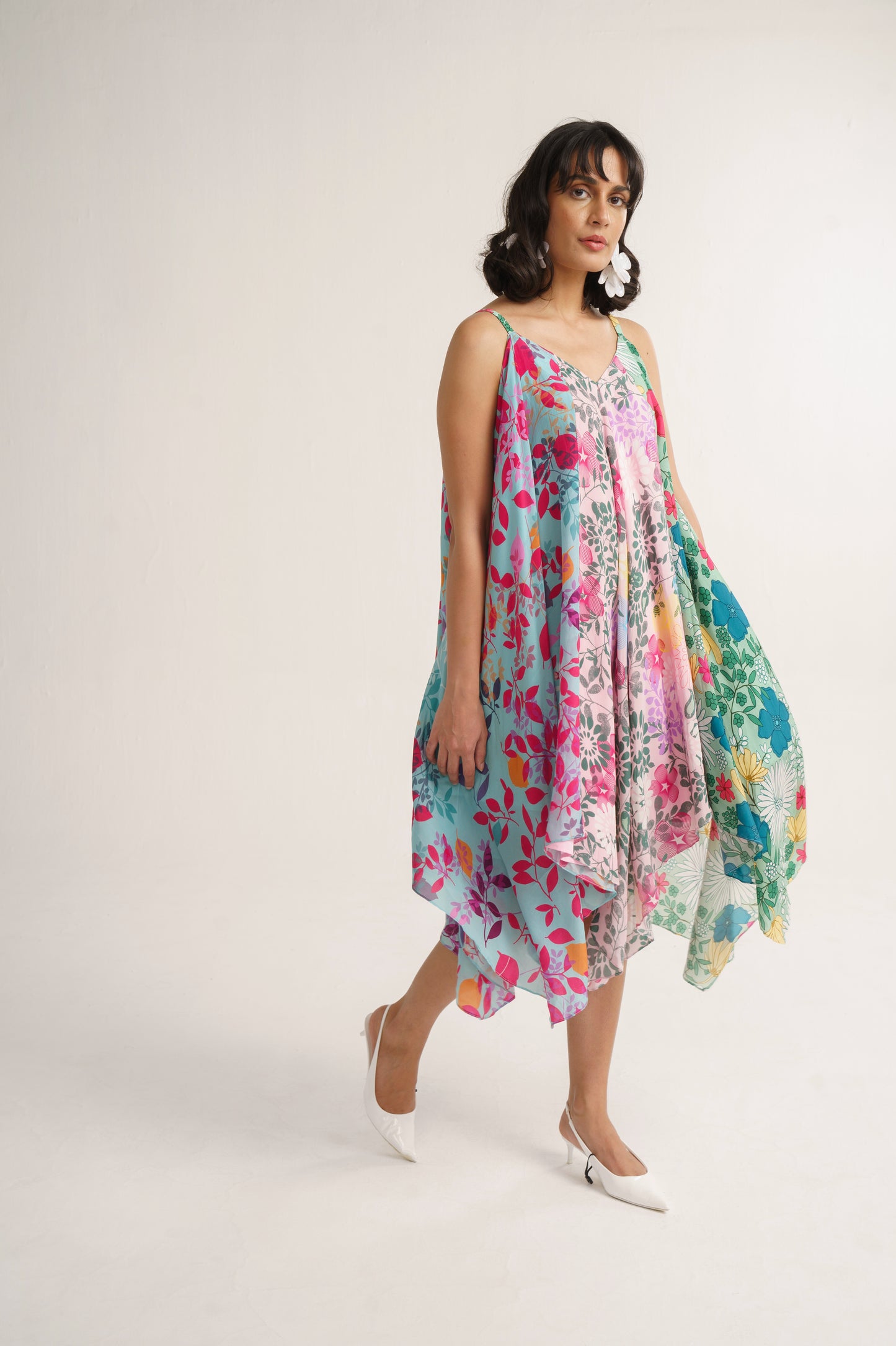 Multi Color Crepe Silk Print Floral V Neck Lotus Garden Patch Dress