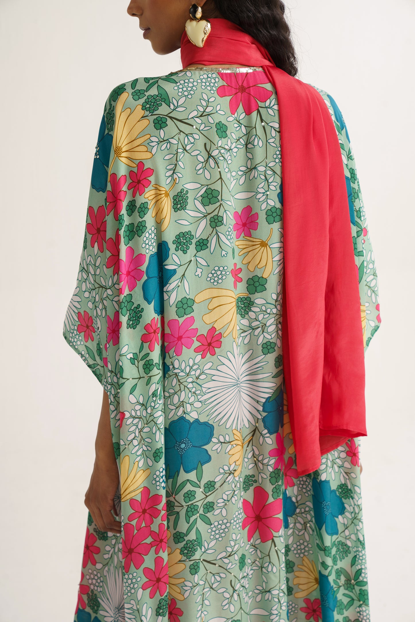 Green Crepe Silk Print Floral Garden V Neck Dianthus Kurta Pant Set