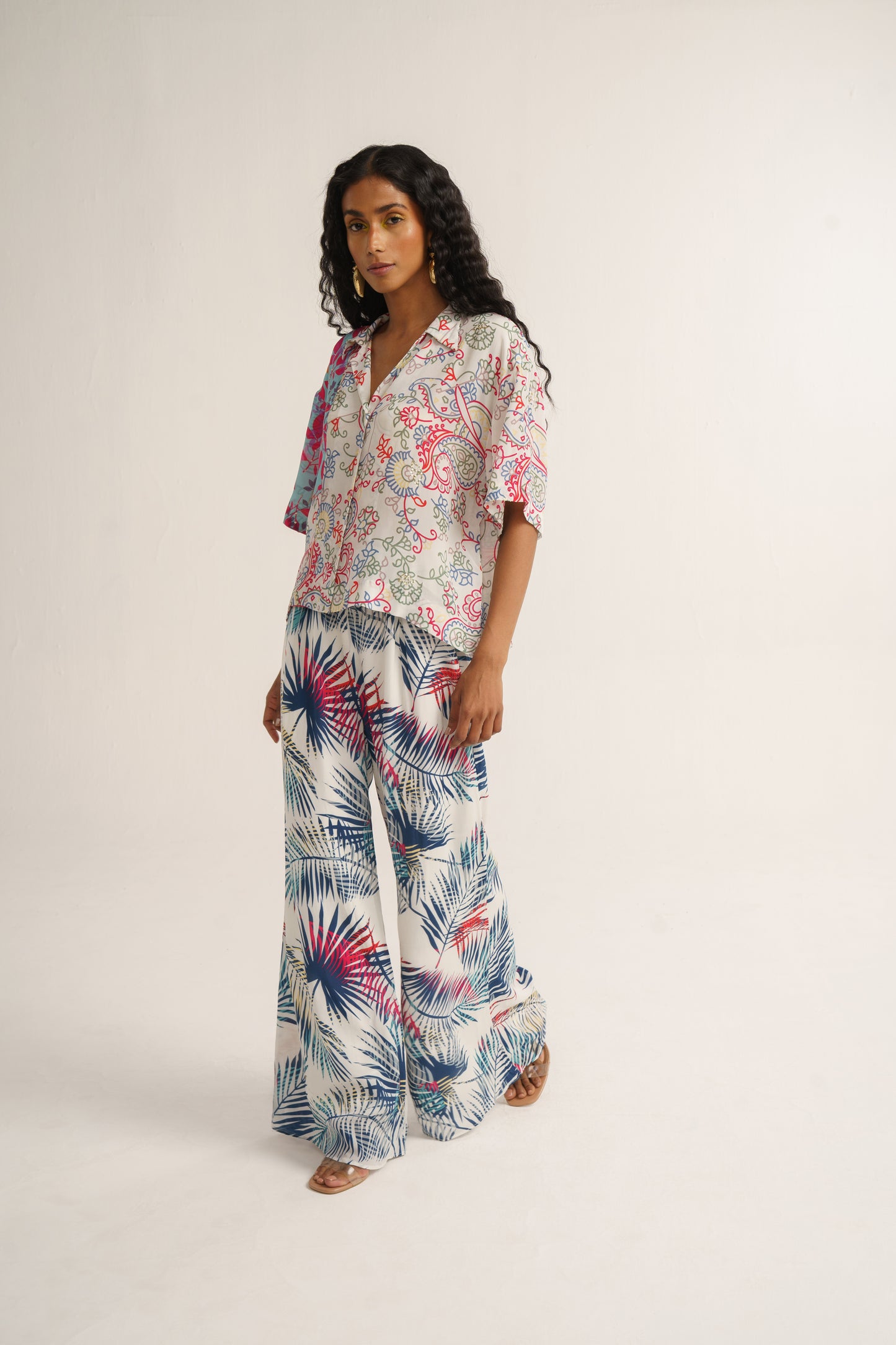 White Crepe Silk Print Floral Collared Neck Snowdrop Shirt With Pant