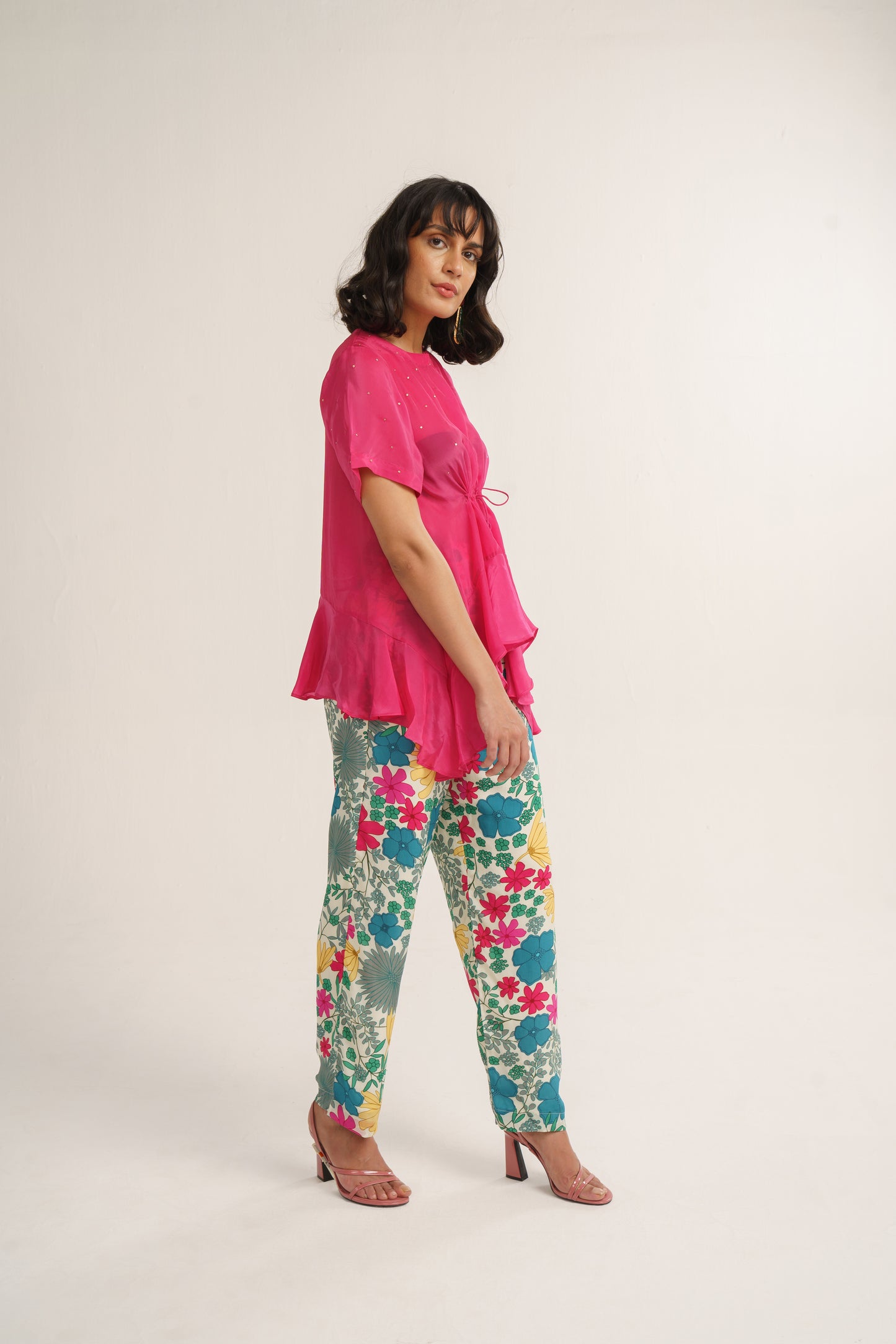 Pink Crepe Silk Print Floral Round Neck Azalea Asymmetric Top With Pant