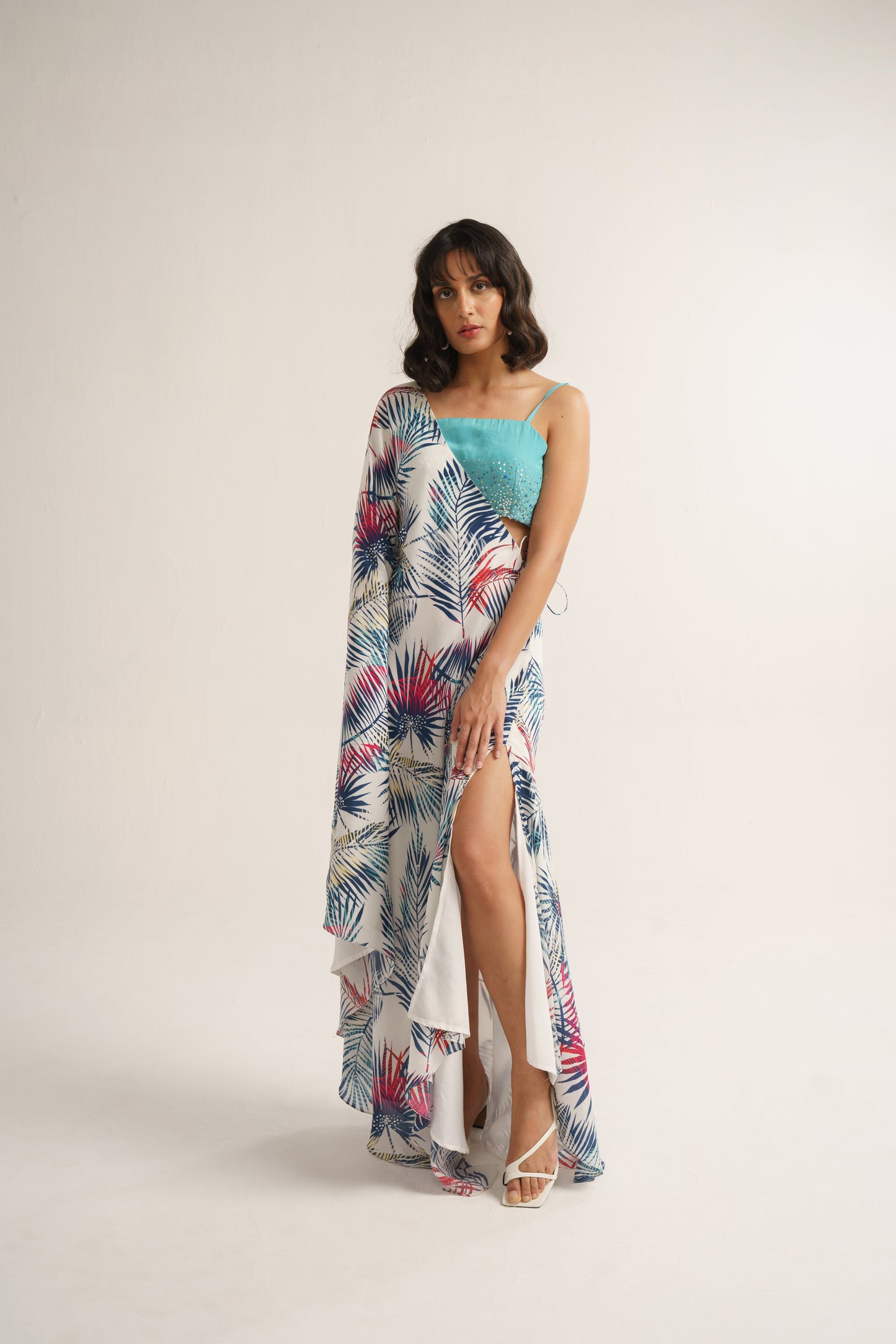 White Crepe Silk Print Tropical Blouse Square Neck Kaftan