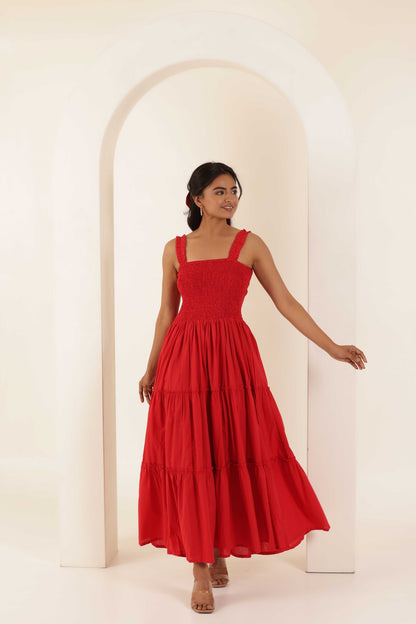 RED MARIA TIERED DRESS