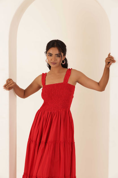 RED MARIA TIERED DRESS