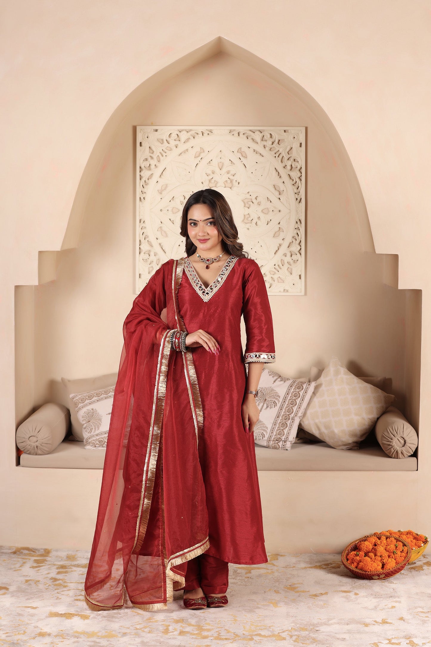 POLKI MAROON A-LINE SUIT SET