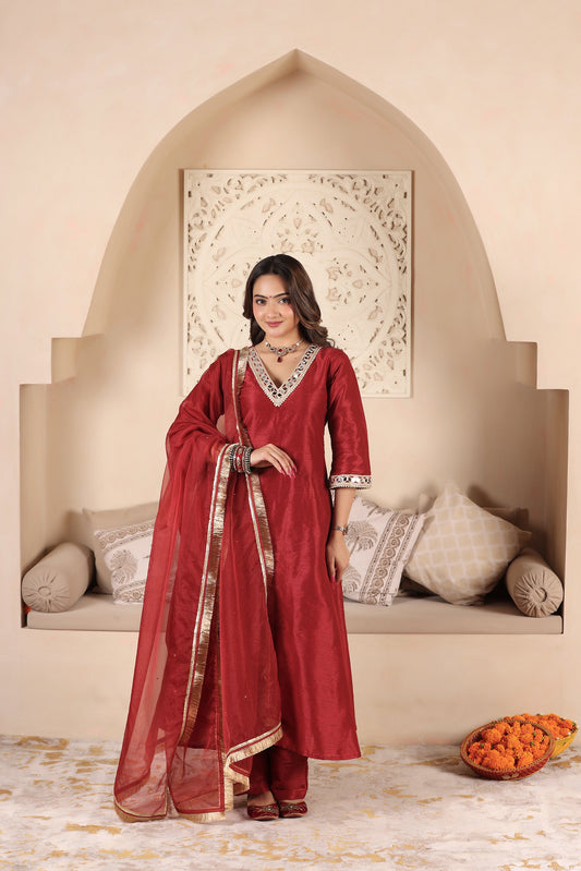 POLKI MAROON A-LINE SUIT SET