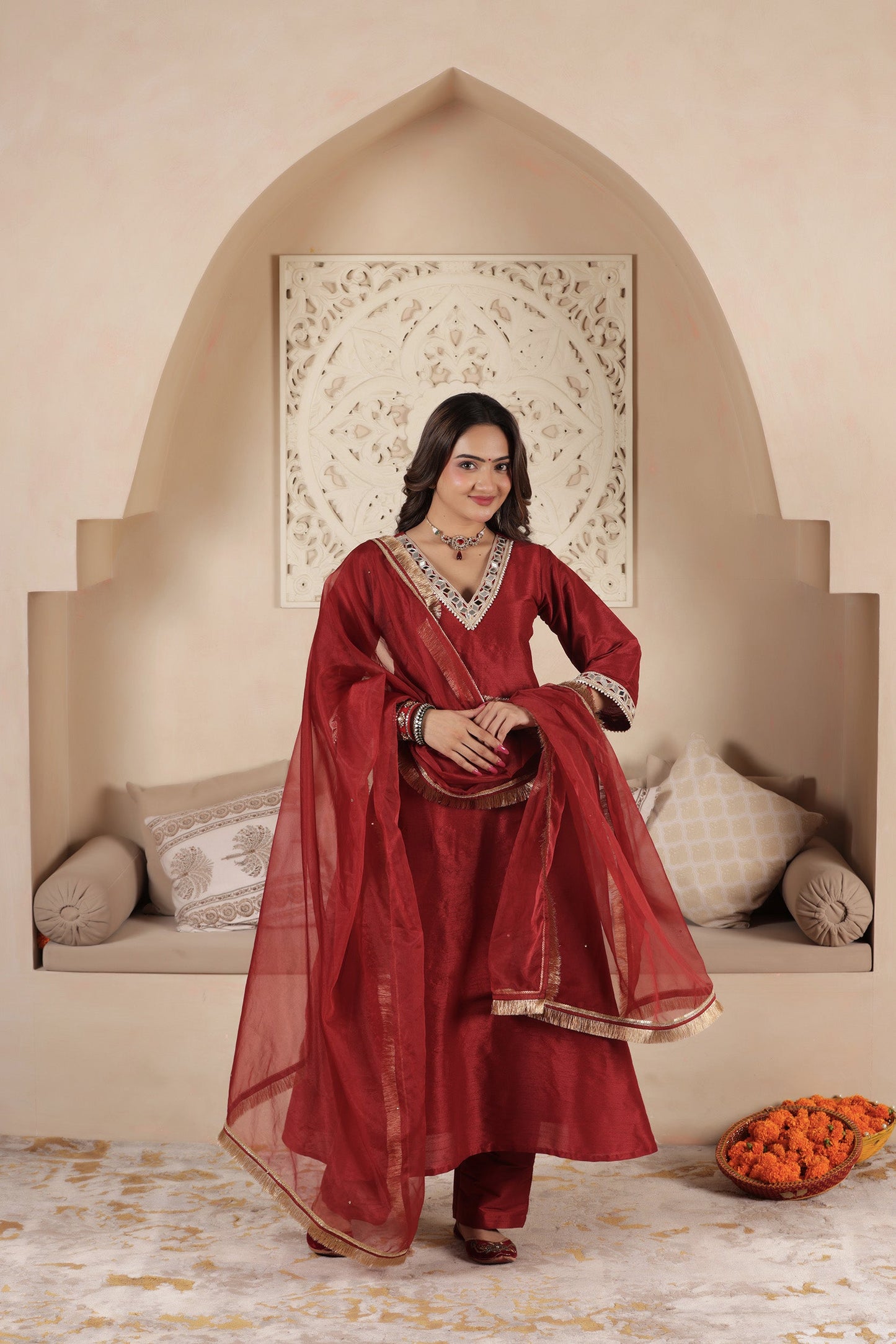 POLKI MAROON A-LINE SUIT SET