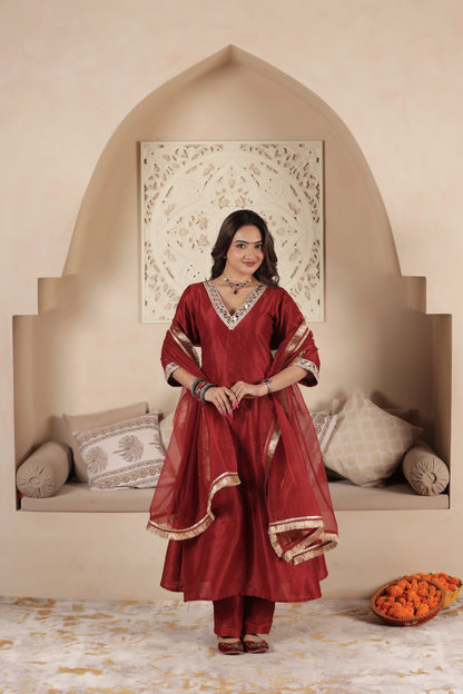 POLKI MAROON A-LINE SUIT SET