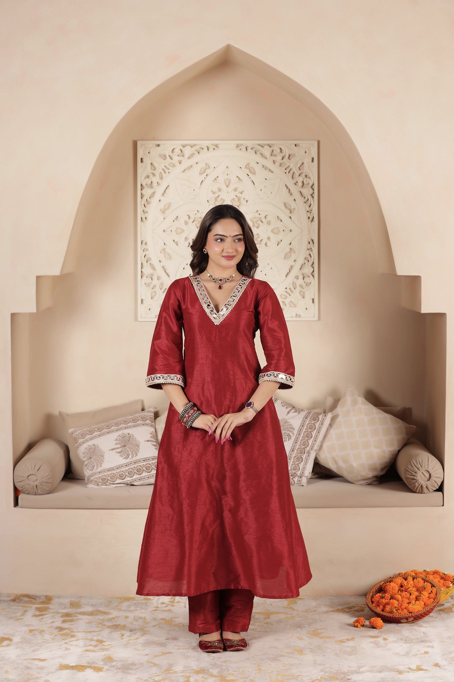 POLKI MAROON A-LINE SUIT SET