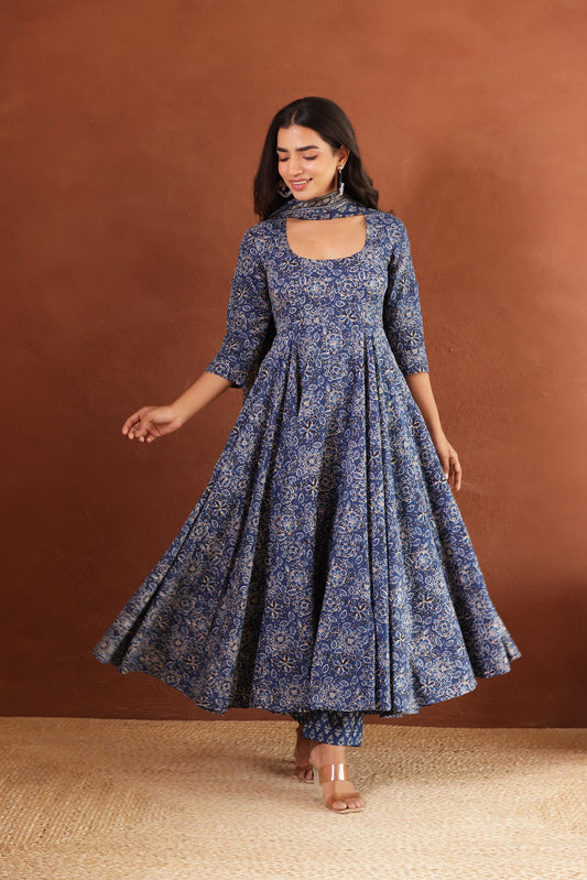 INDIGO COTTON ANARKALI SUIT SET