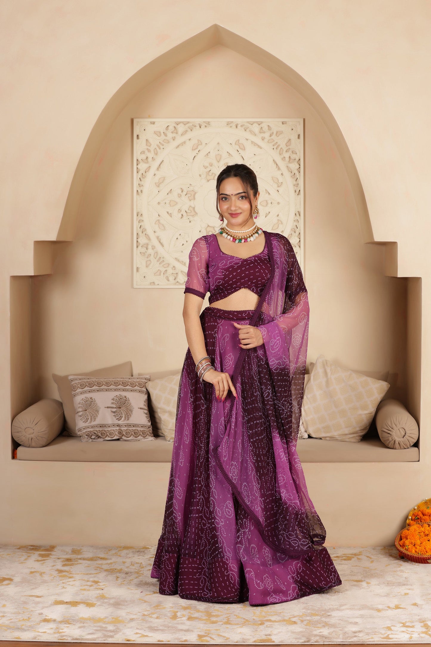 PURPLE BANDHANI PURE GEORGETTE LEHENGA SET