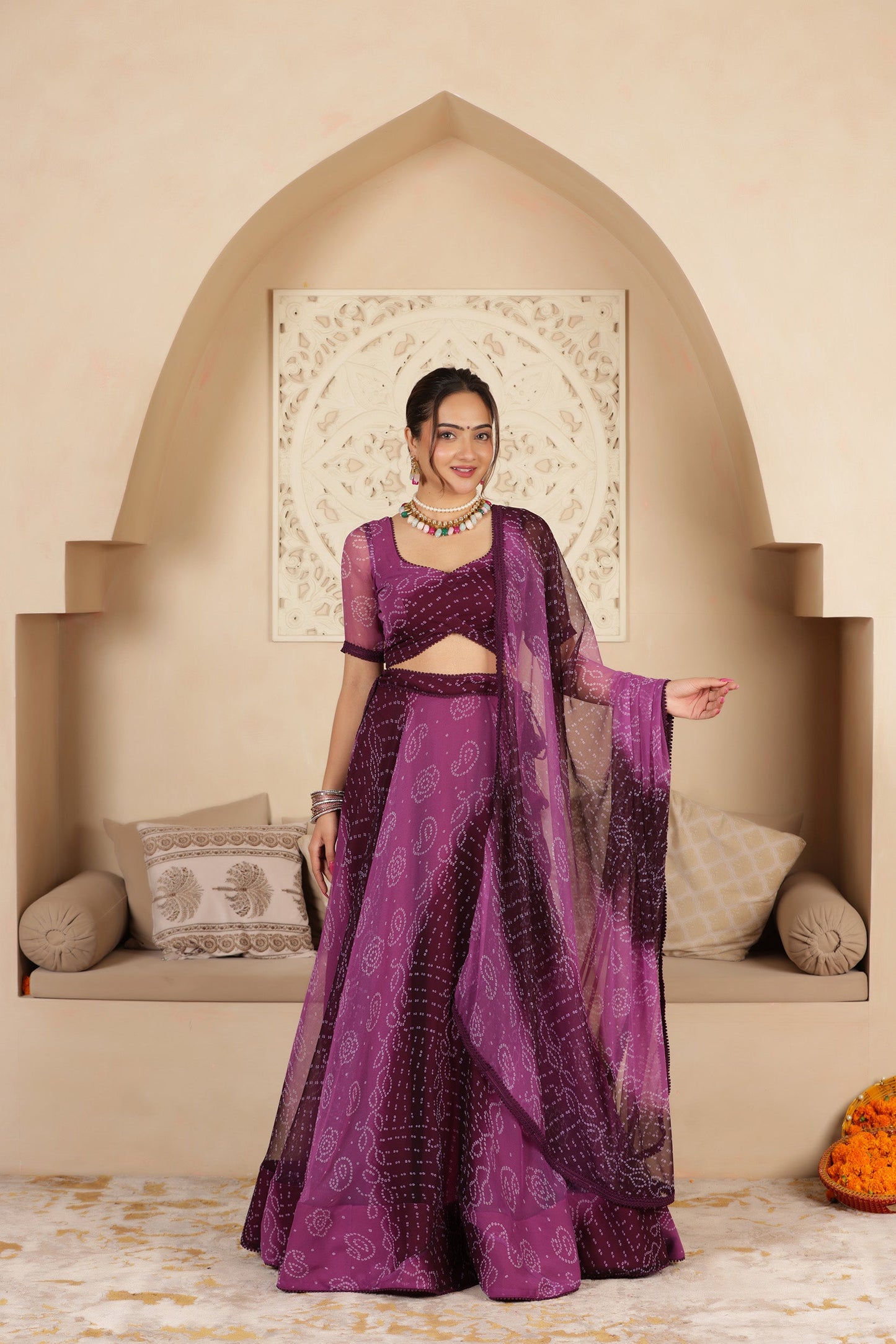 PURPLE BANDHANI PURE GEORGETTE LEHENGA SET