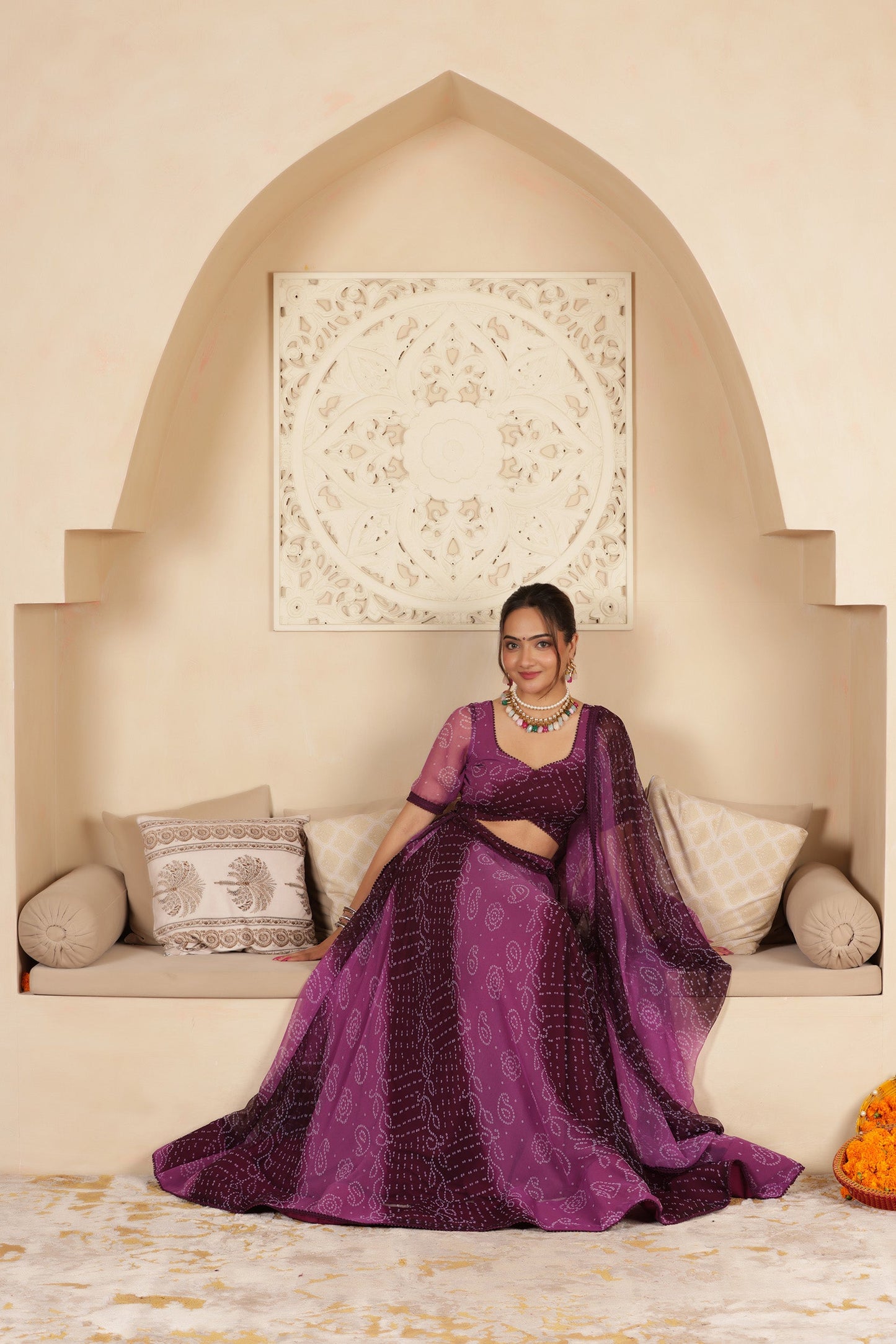 PURPLE BANDHANI PURE GEORGETTE LEHENGA SET