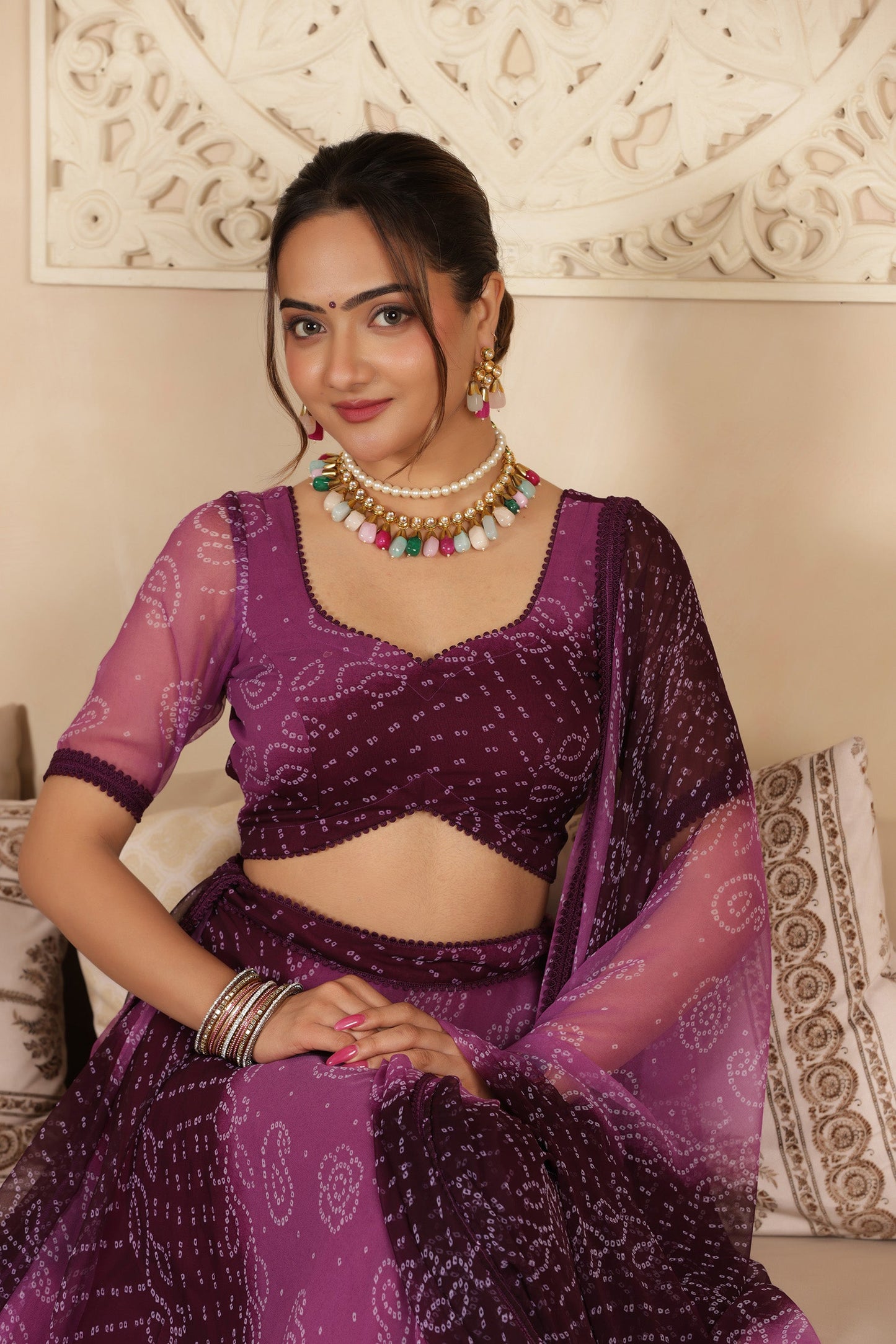 PURPLE BANDHANI PURE GEORGETTE LEHENGA SET