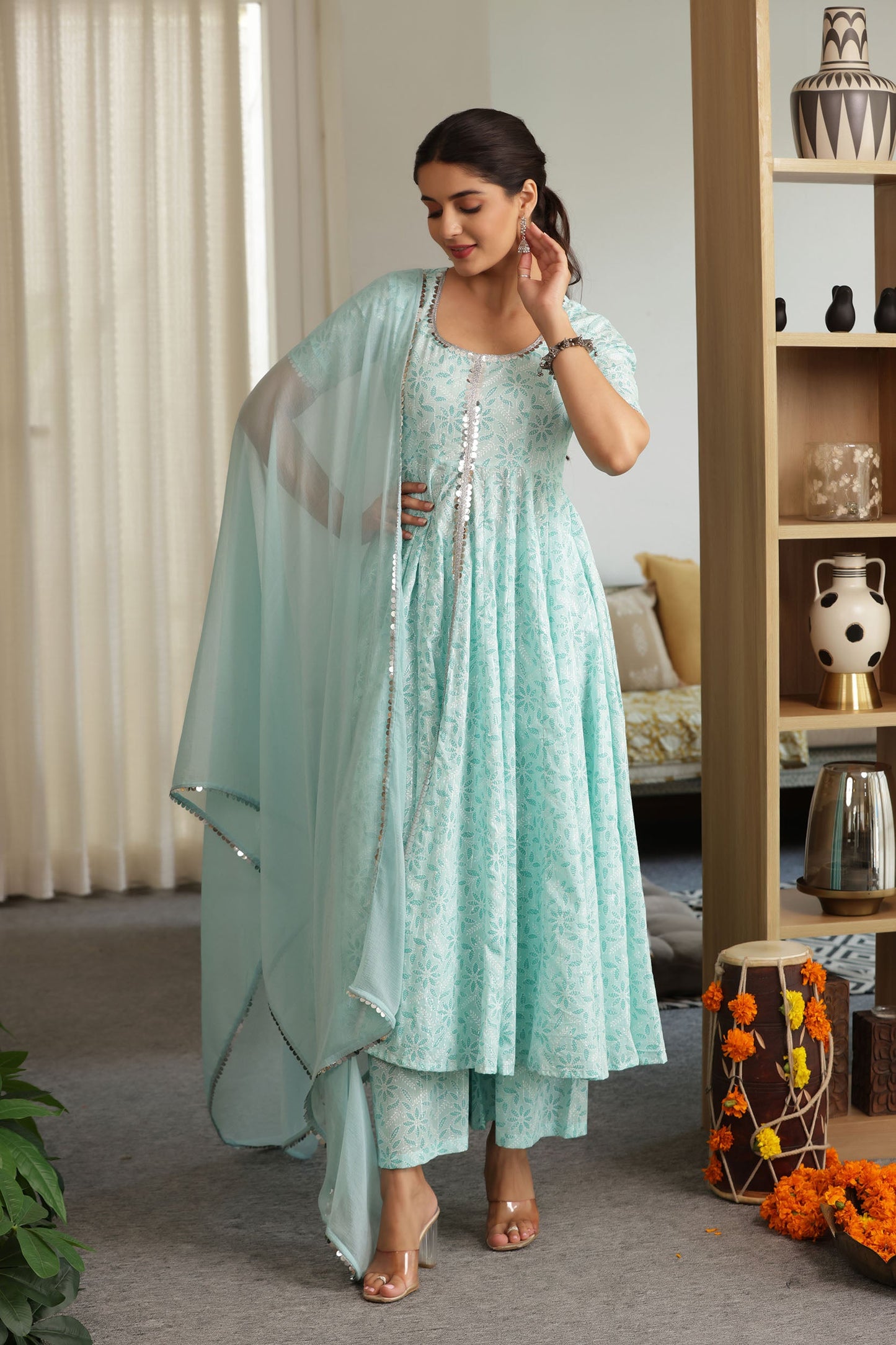 SASHA COTTON LUREX ANARKALI SUIT SET
