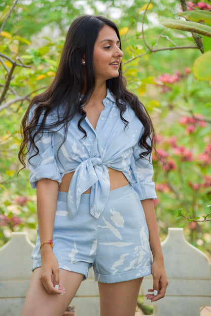 Miyu Shorts - High-Waisted Blue Chrysanthemum Print Shorts