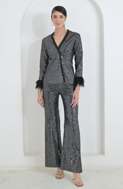 Black Sequin Feather Blazer Pant Set