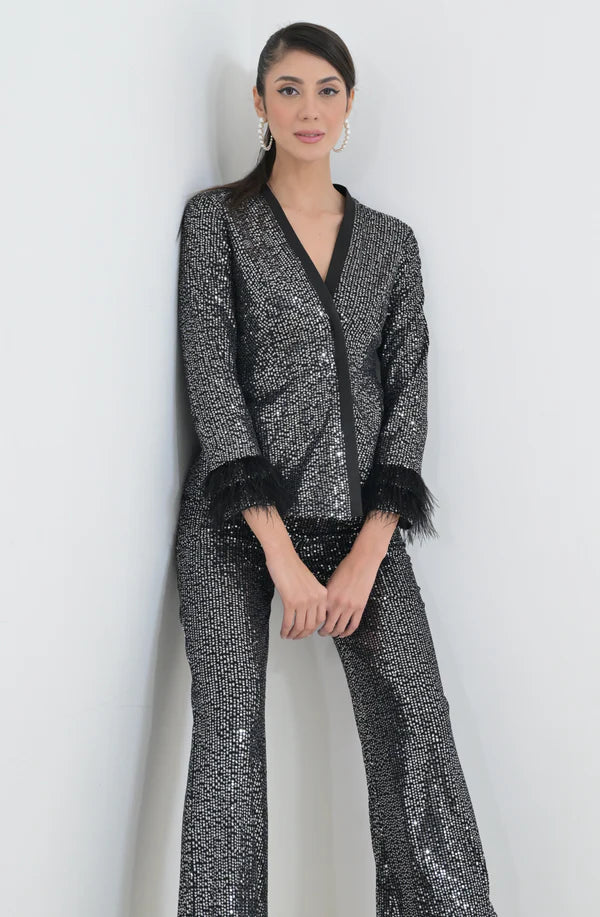 Black Sequin Feather Blazer Pant Set