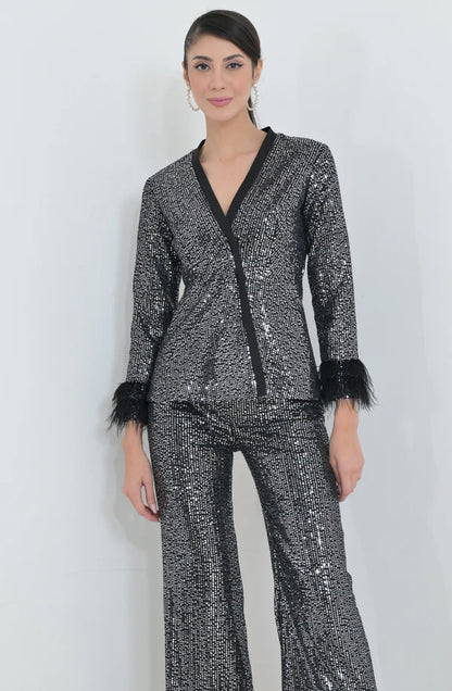 Black Sequin Feather Blazer Pant Set