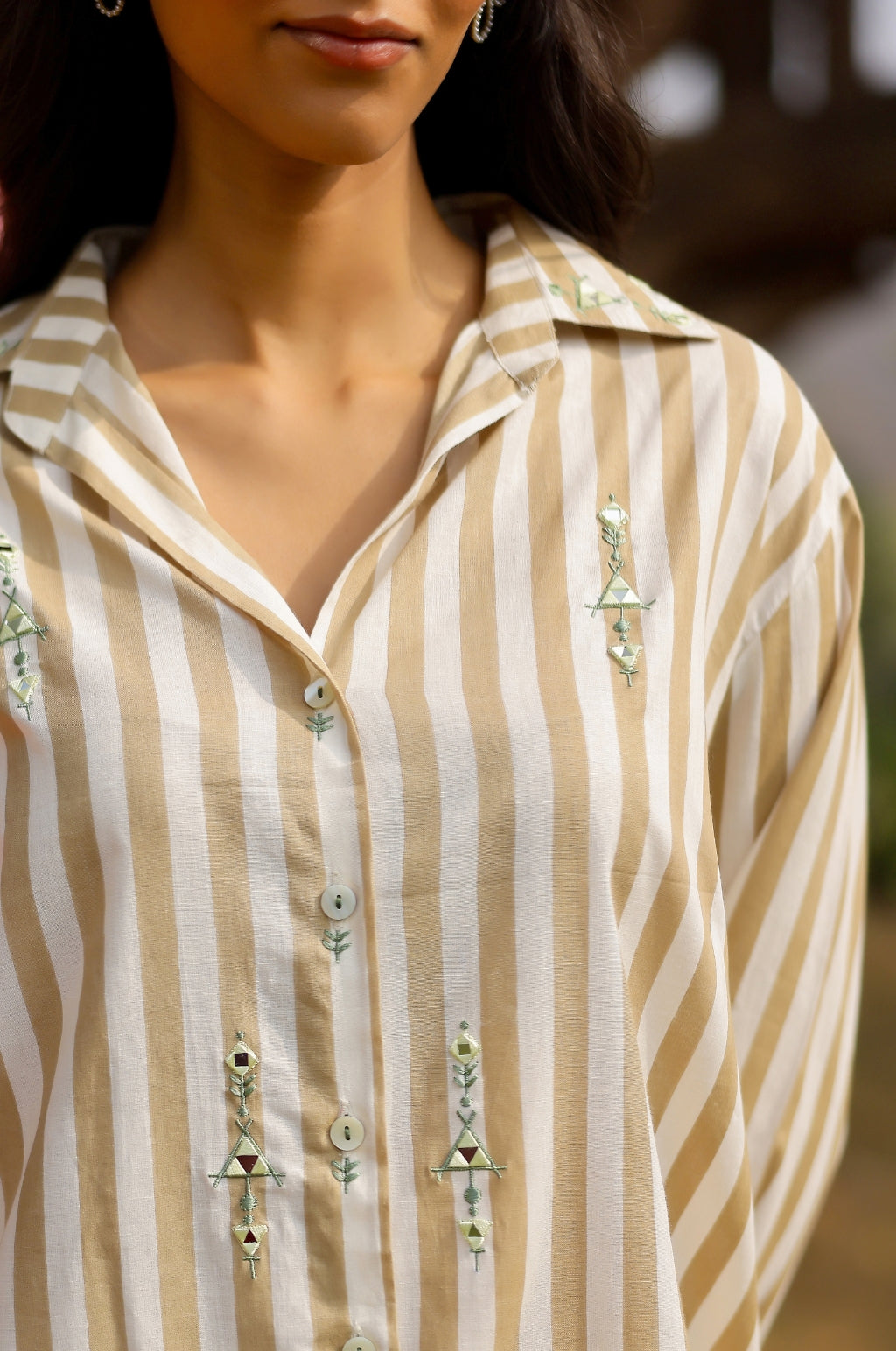 Beige Mirror Embroidered Stripe Shirt