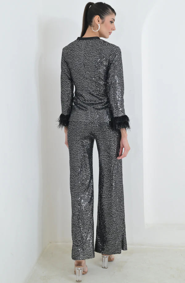 Black Sequin Feather Blazer Pant Set