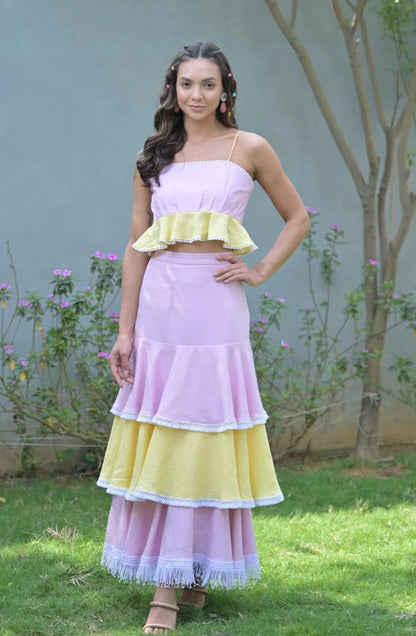 Yellow & Pink Linen Skirt Set