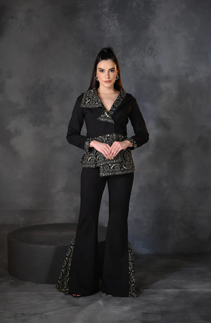 Black Golden Asymmetrical Drape Blazer Pant Set