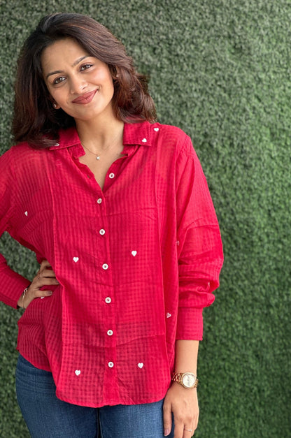 Nayeli Heart Embroidery Red Shirt
