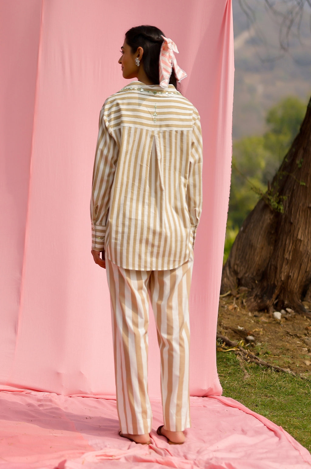 Beige Mirror Embroidered Stripe Shirt