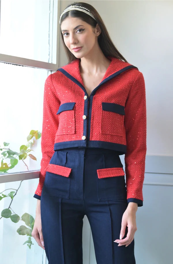 Red Tweed & Denim Jacket Set