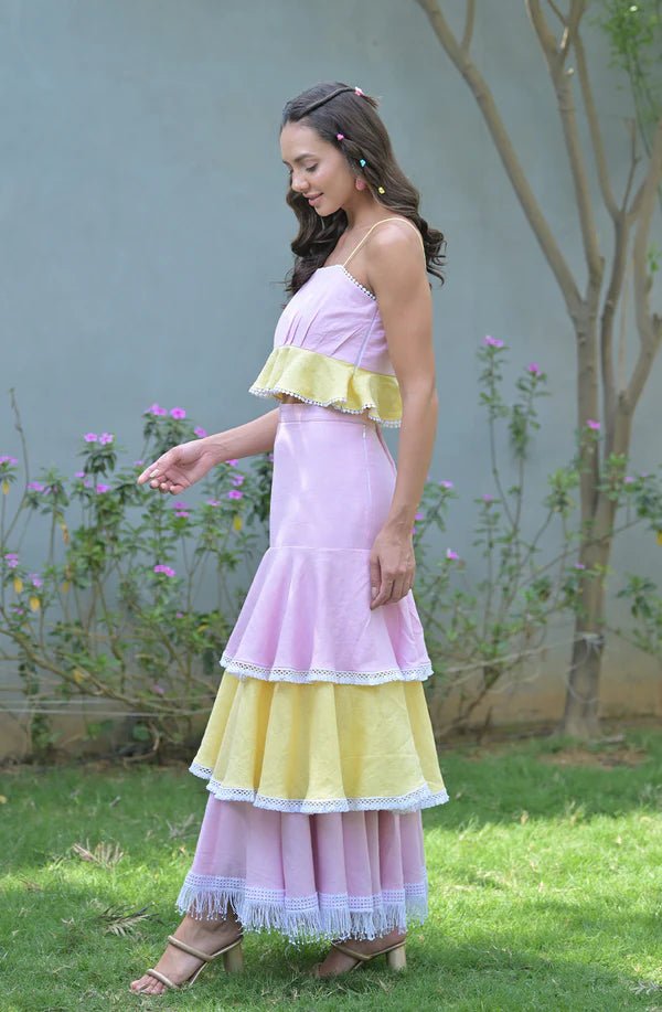 Yellow & Pink Linen Skirt Set