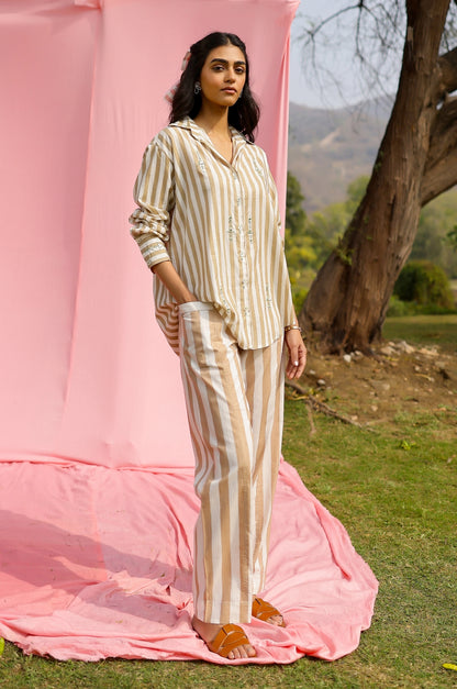 Beige Mirror Embroidered Stripe Shirt
