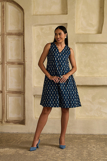 Ikat Indigo Flared Dress (With matching belt)