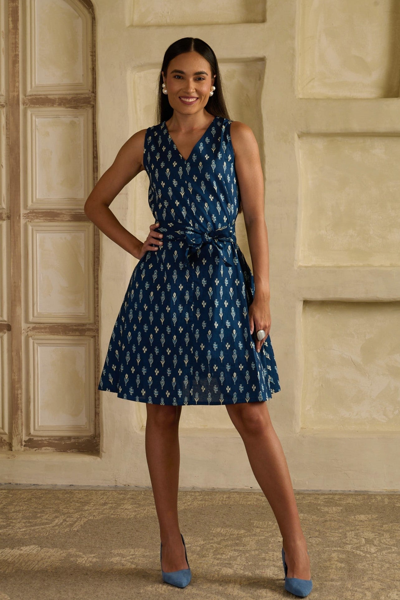 Ikat Indigo Flared Dress (With matching belt)