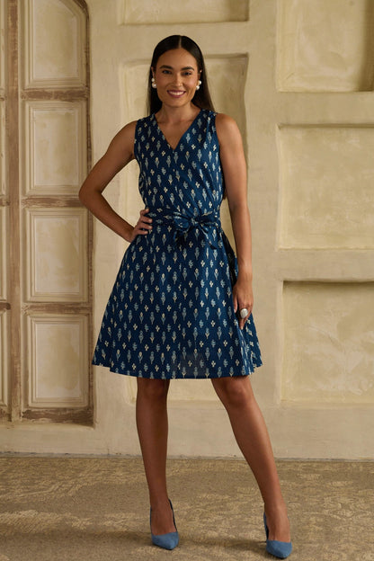 Ikat Indigo Flared Dress (With matching belt)