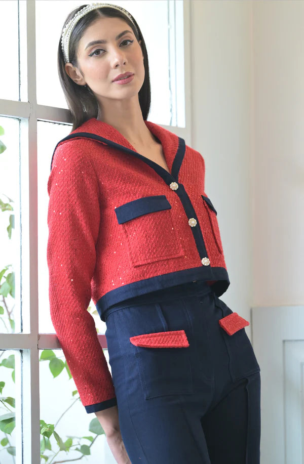 Red Tweed & Denim Jacket Set