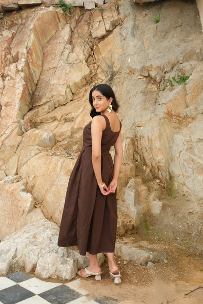 brown pleated midi dress Johanna Pleated Twill Midi Dress in Brown