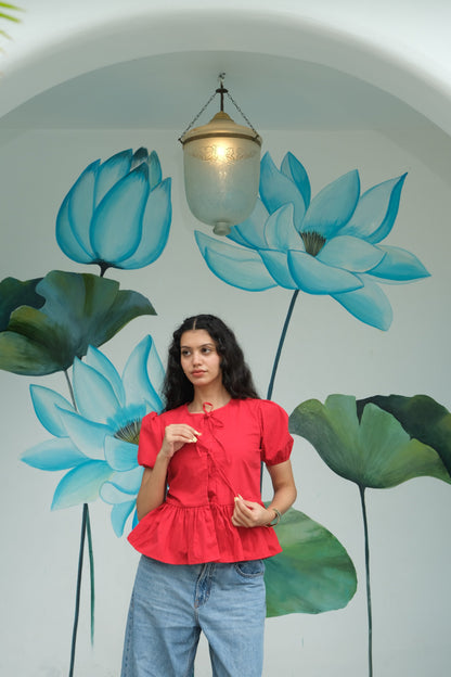 Tie-Up Peplum Top (Red)
