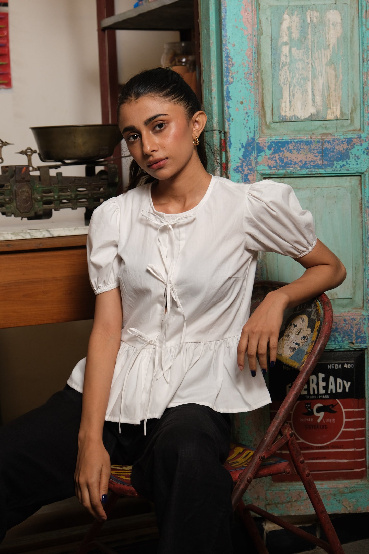 Tie-Up Peplum Top (White)