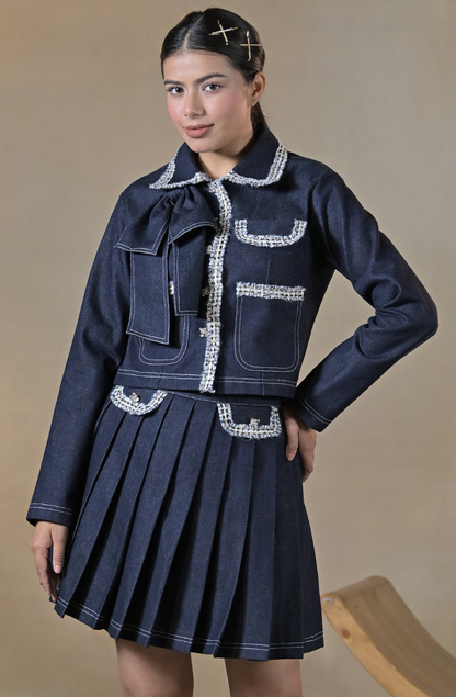 Blue Denim Boucle Trim Skirt Set