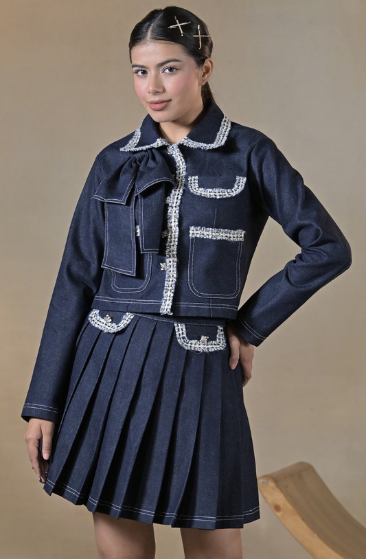 Blue Denim Boucle Trim Skirt Set