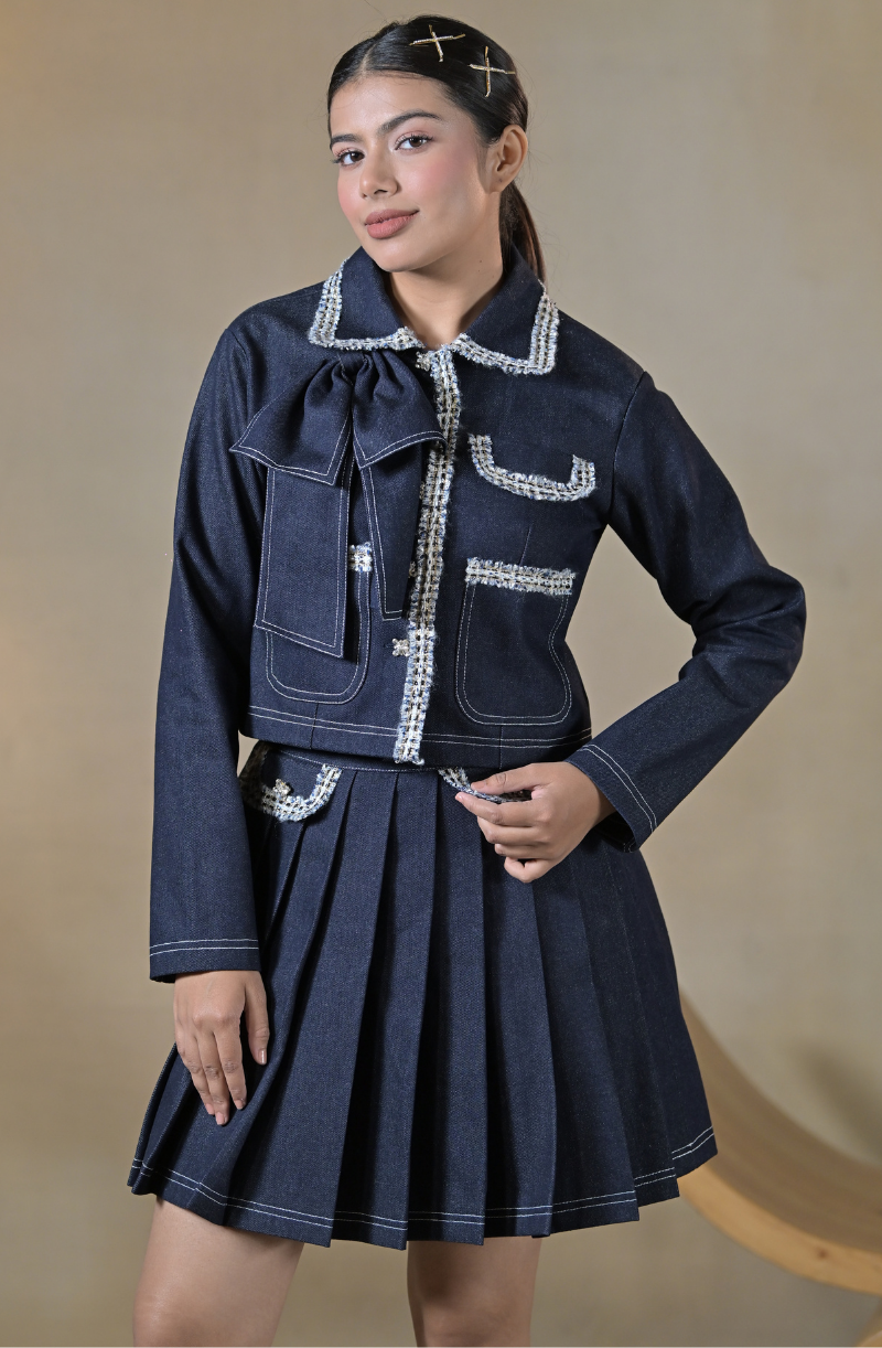 Blue Denim Boucle Trim Skirt Set