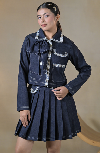 Blue Denim Boucle Trim Skirt Set