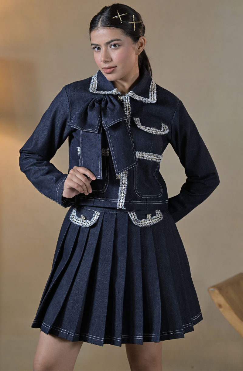 Blue Denim Boucle Trim Skirt Set