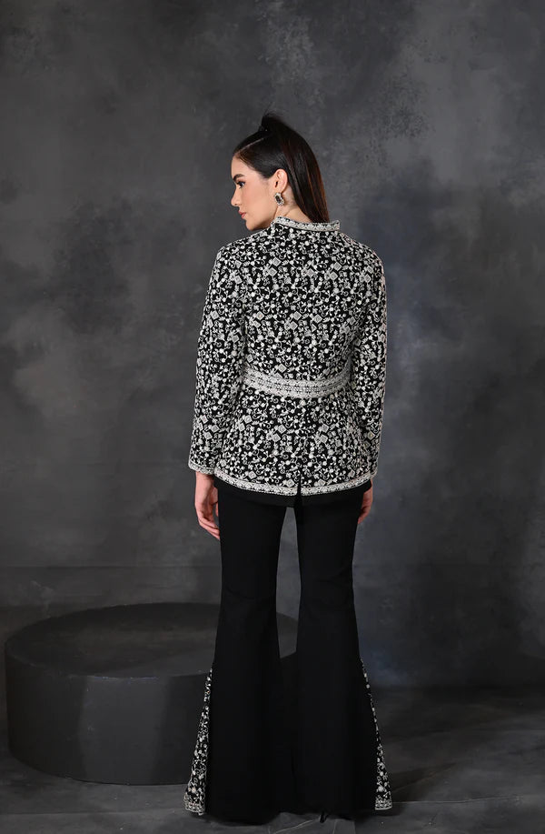 Black Embroidered Peplum Jacket & Pant Set