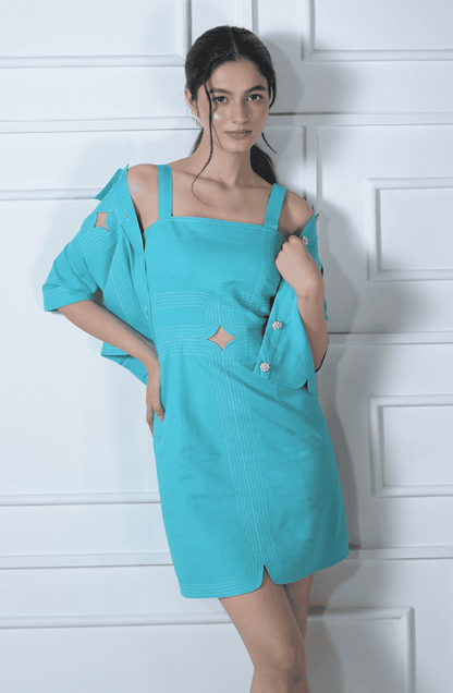 Blue Linen Cut Out Dress & Jacket