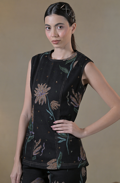 Black Floral Denim Co Ord Set