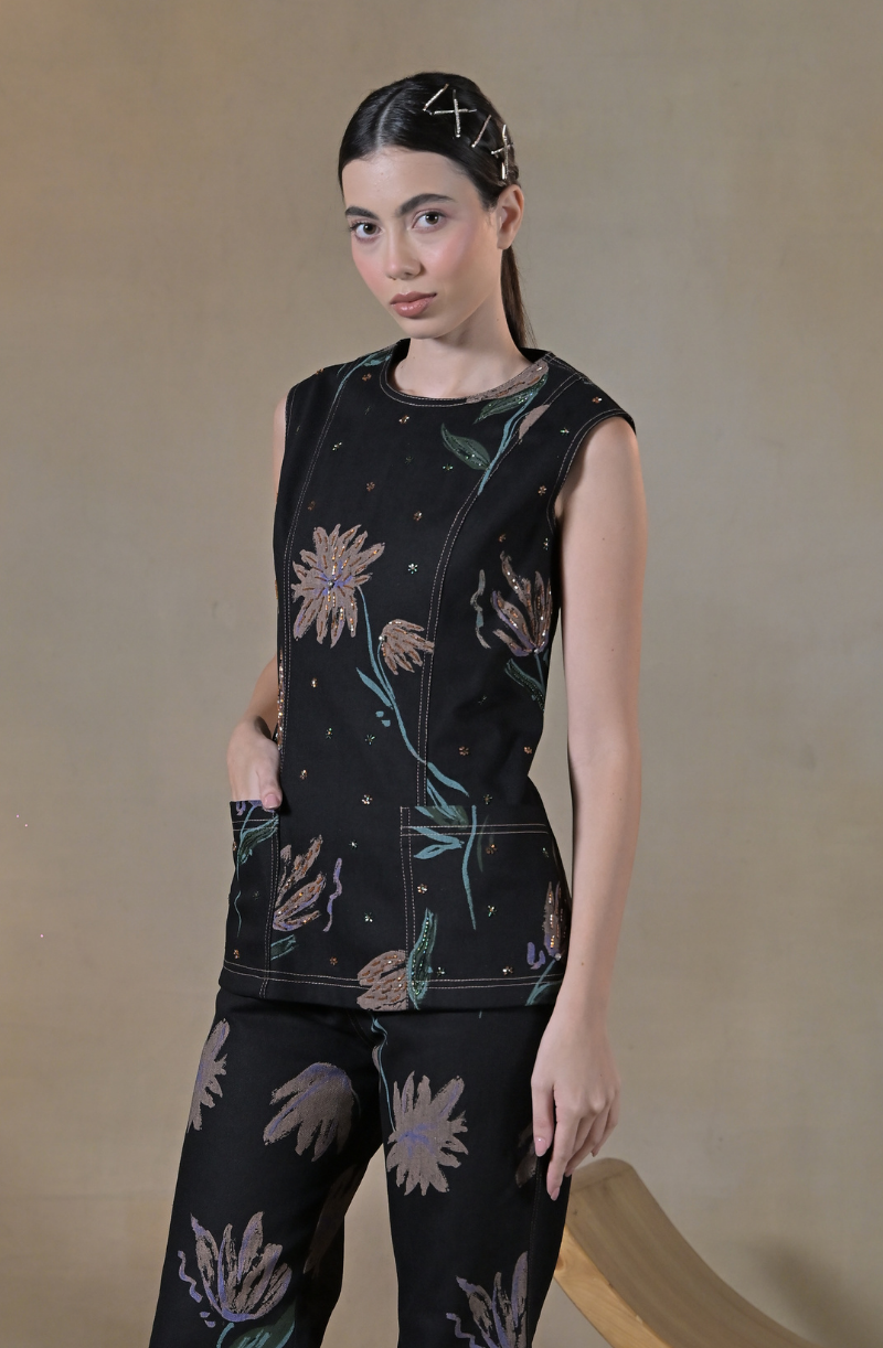 Black Floral Denim Co Ord Set