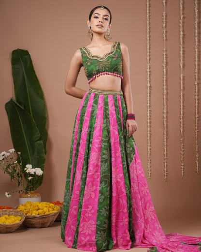 Green- Pink Bandhani Floral Printed Lehenga Set (Set of 3)