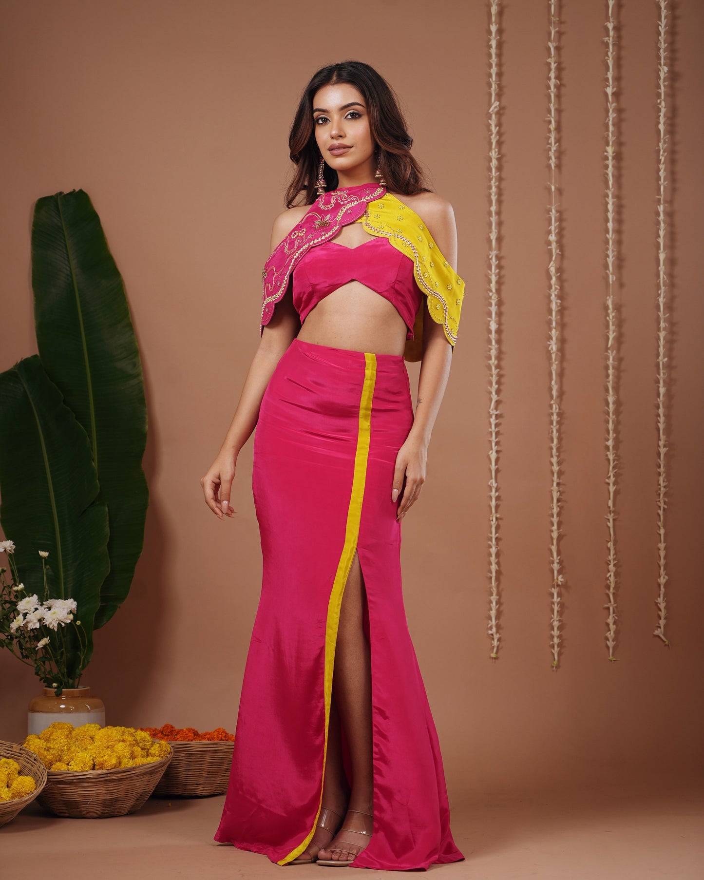 Rani-Yellow Halter Neck Skirt Set (Set of 3)