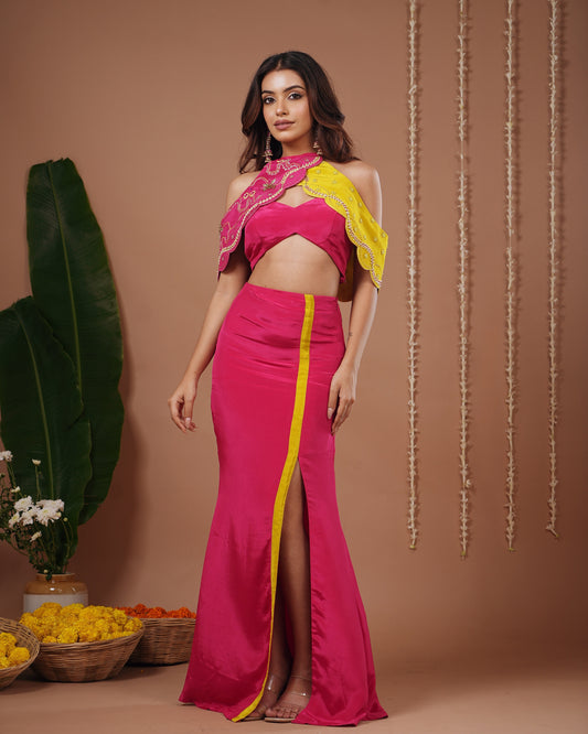 Rani-Yellow Halter Neck Skirt Set (Set of 3)